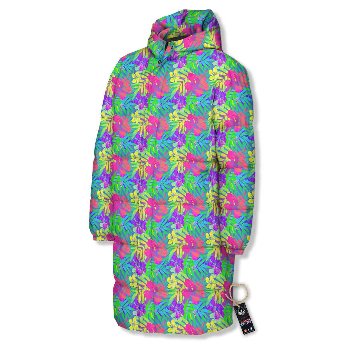 Frangipani Colorful Print Pattern Long Down Jacket-grizzshop