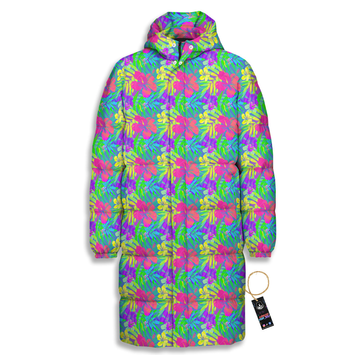 Frangipani Colorful Print Pattern Long Down Jacket-grizzshop