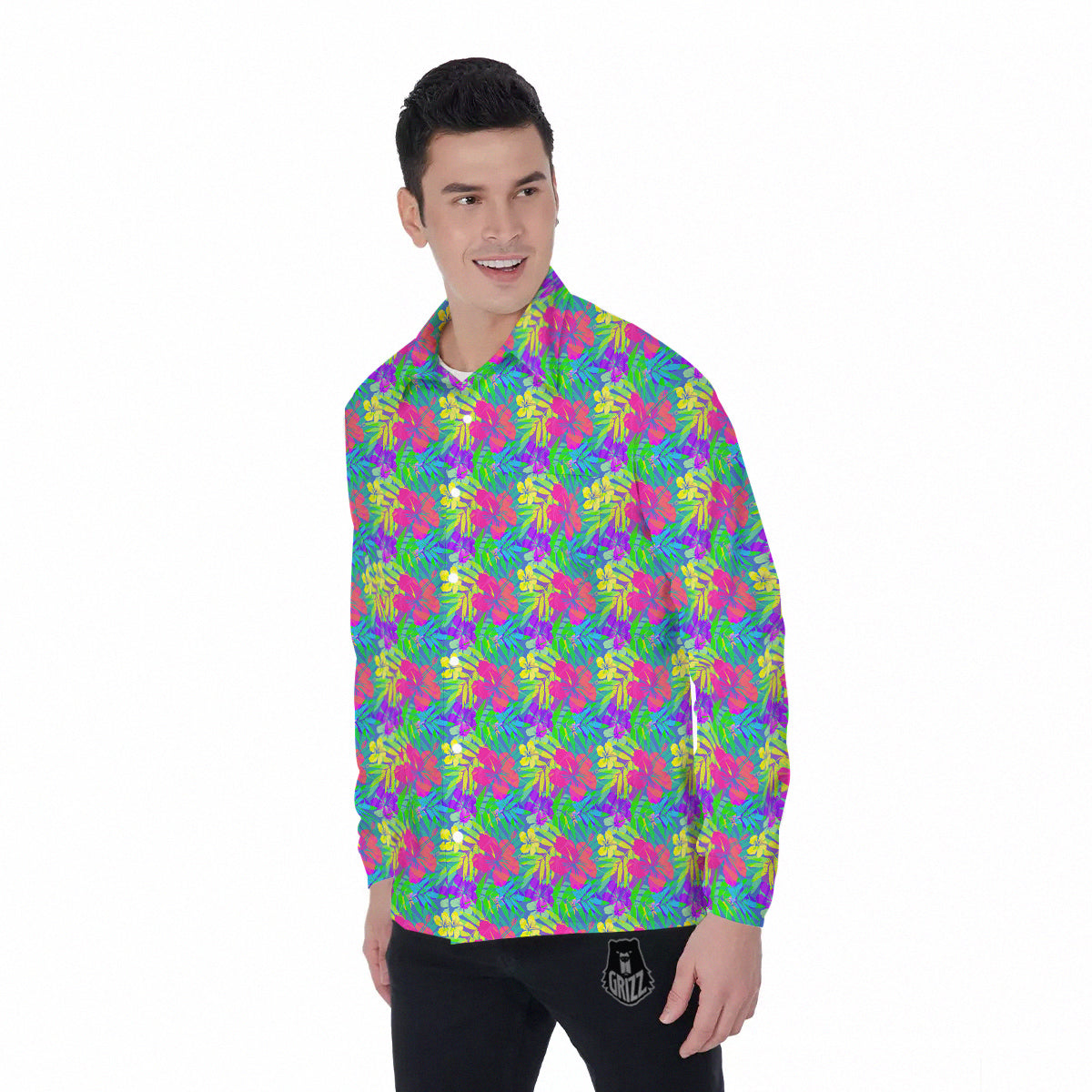 Frangipani Colorful Print Pattern Men's Long Sleeve Shirts-grizzshop