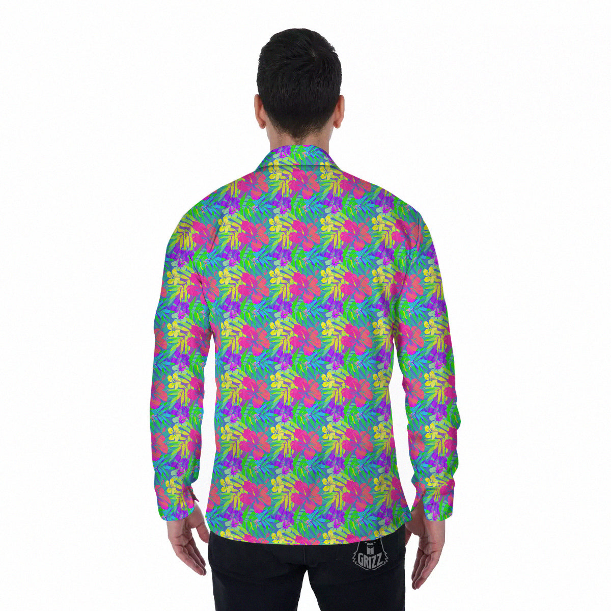 Frangipani Colorful Print Pattern Men's Long Sleeve Shirts-grizzshop