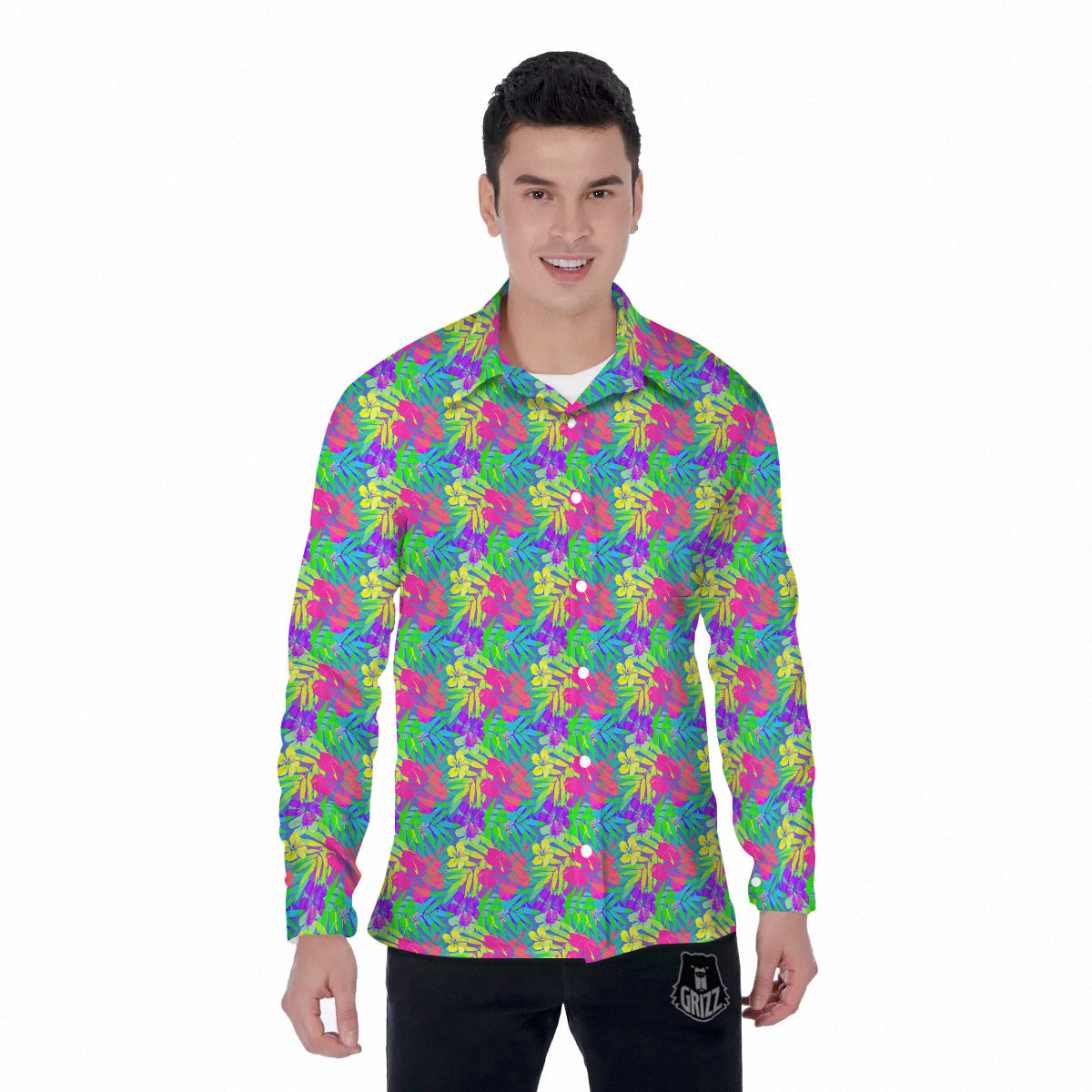 Frangipani Colorful Print Pattern Men's Long Sleeve Shirts-grizzshop
