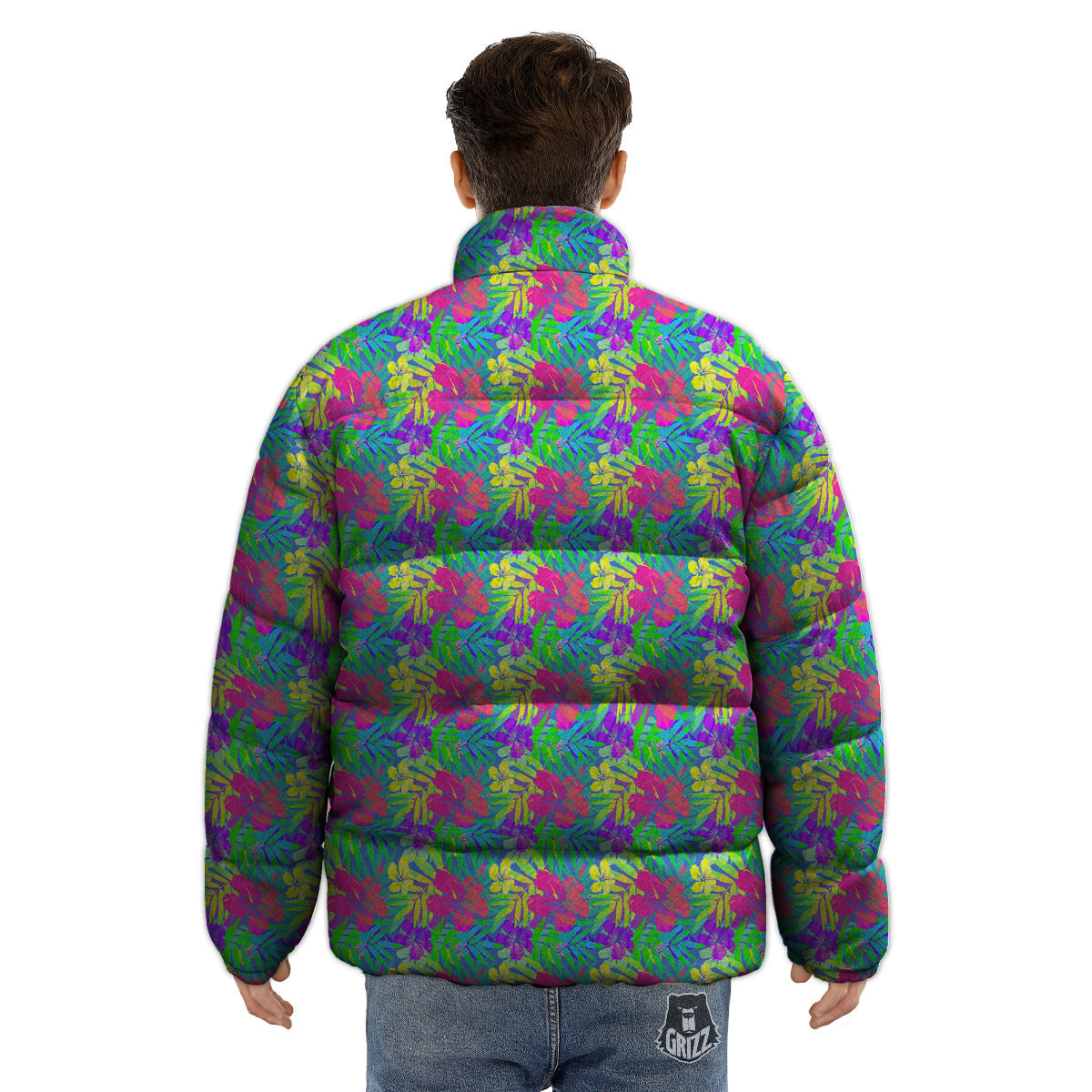 Frangipani Colorful Print Pattern Puffer Jacket-grizzshop
