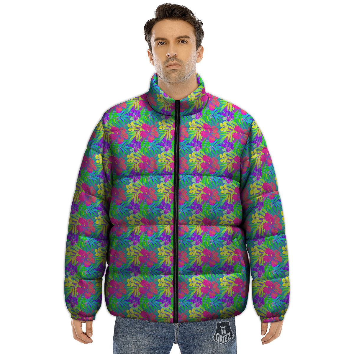 Frangipani Colorful Print Pattern Puffer Jacket-grizzshop