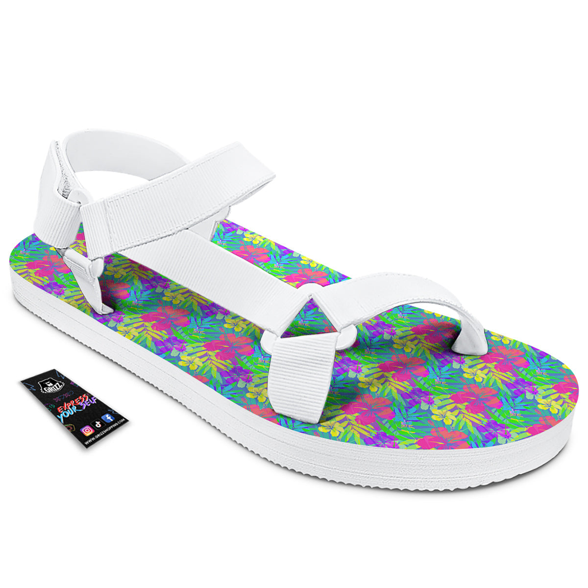 Frangipani Colorful Print Pattern White Open Toe Sandals-grizzshop