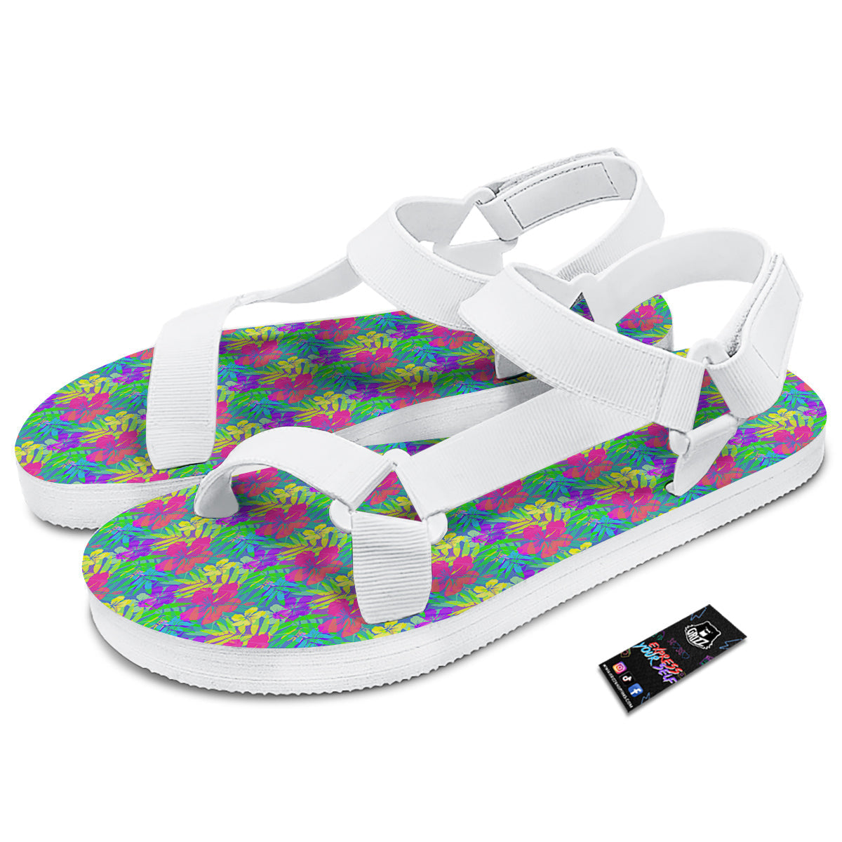 Frangipani Colorful Print Pattern White Open Toe Sandals-grizzshop