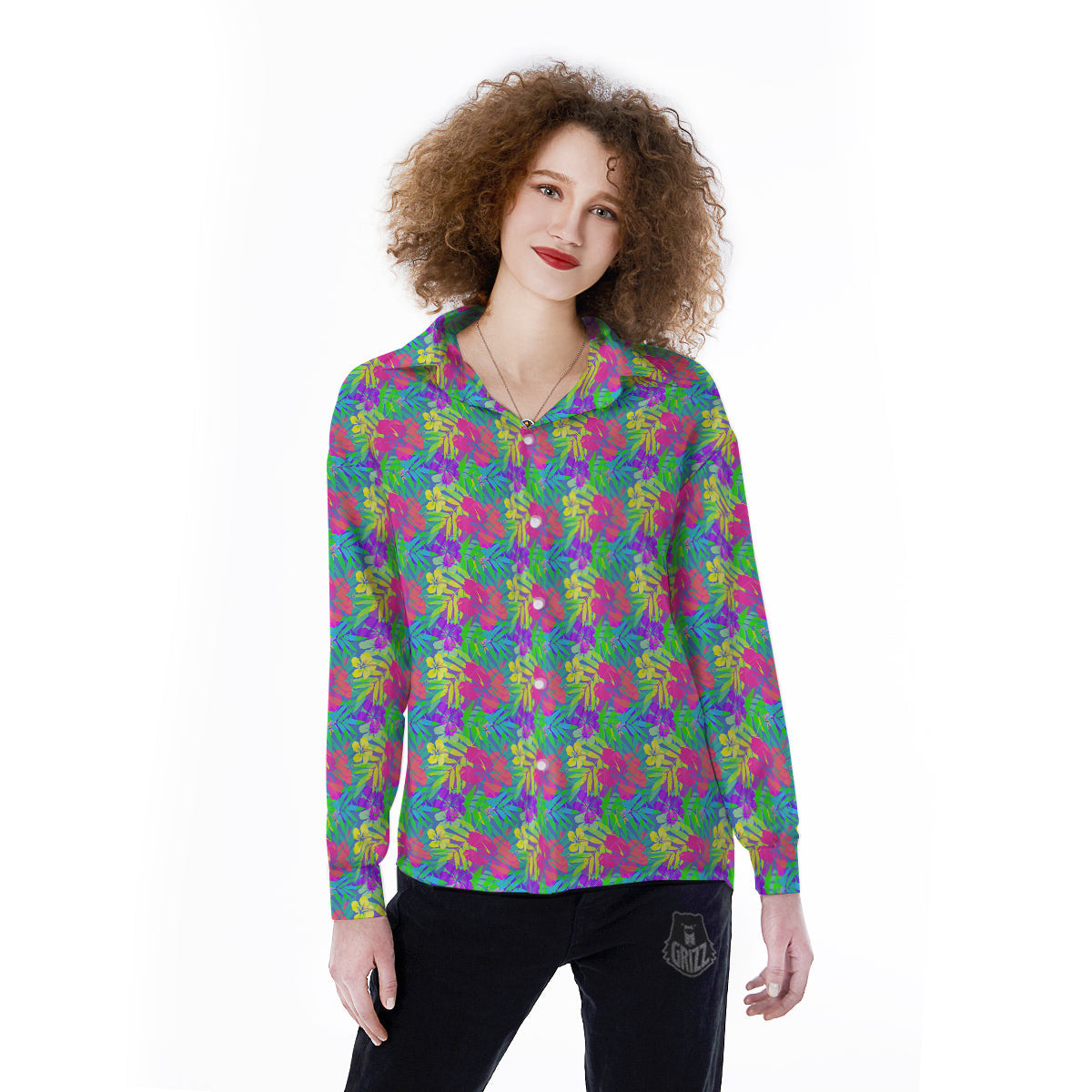 Frangipani Colorful Print Pattern Women's Long Sleeve Shirts-grizzshop