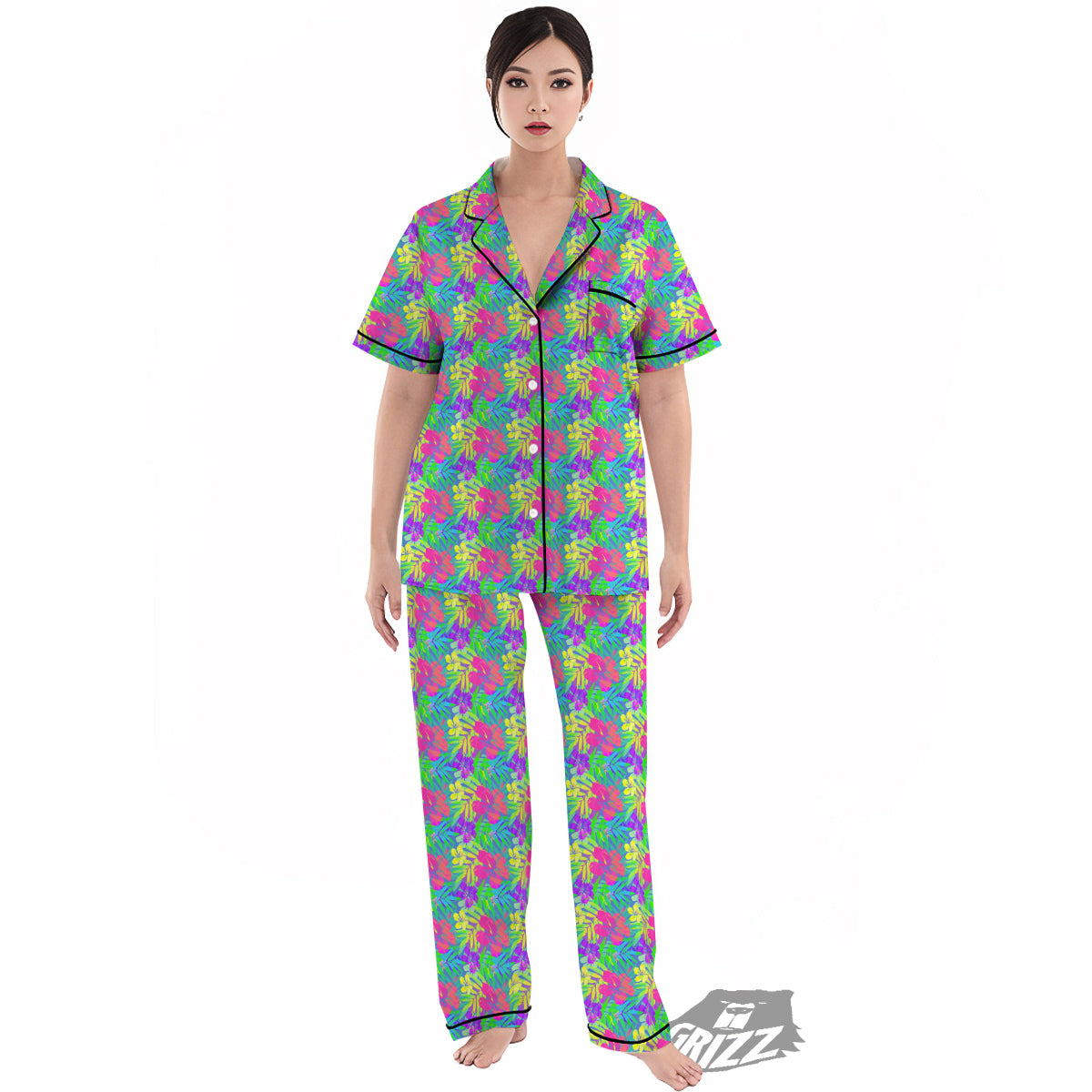 Frangipani Colorful Print Pattern Women's Pajamas Set-grizzshop
