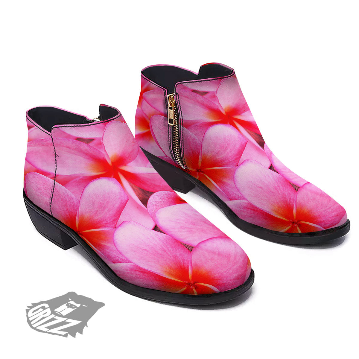 Frangipani Flower Pink Print Ankle Boots-grizzshop
