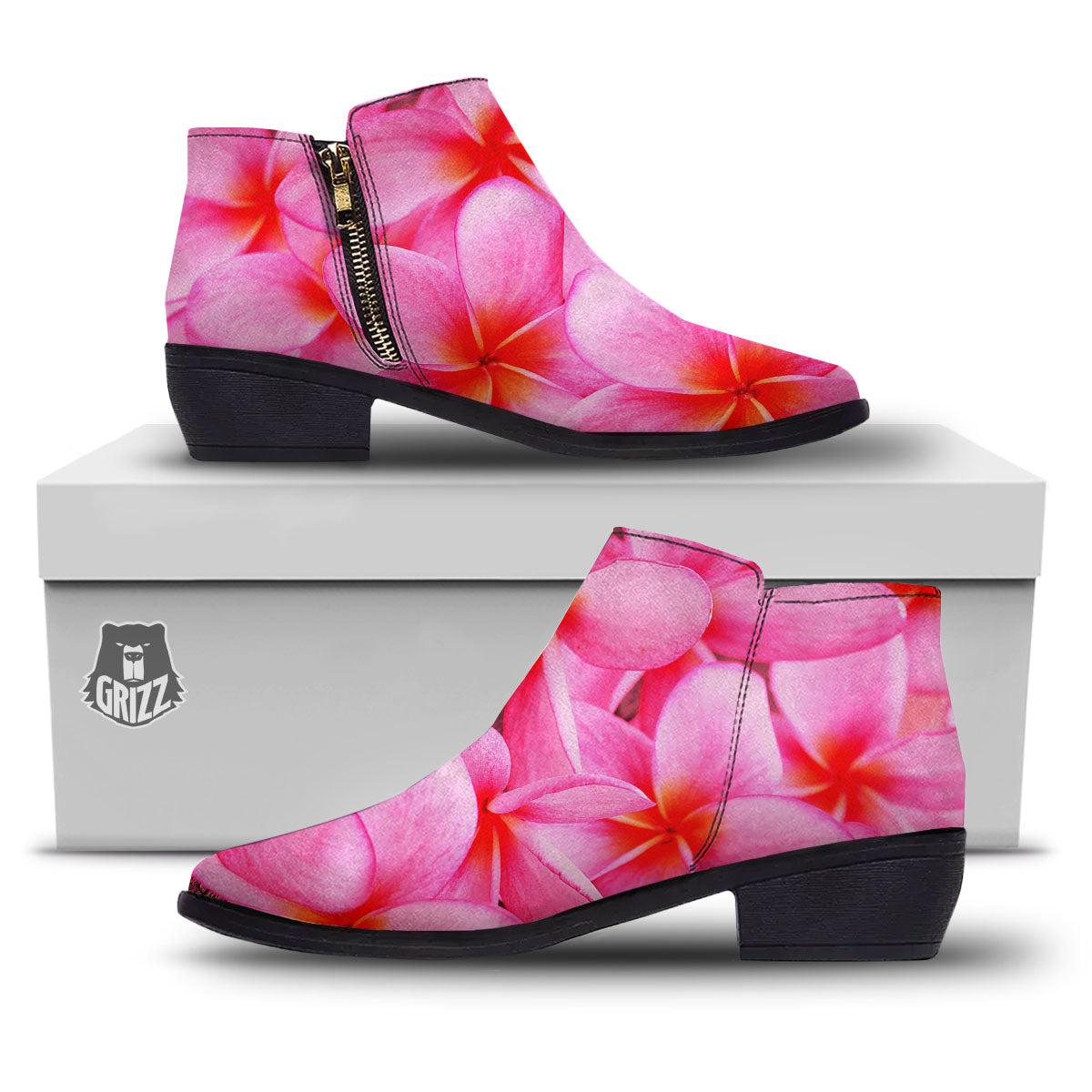 Frangipani Flower Pink Print Ankle Boots-grizzshop