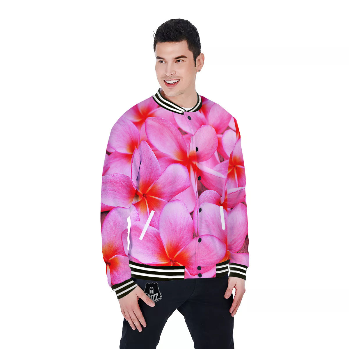 Frangipani Flower Pink Print Baseball Jacket-grizzshop
