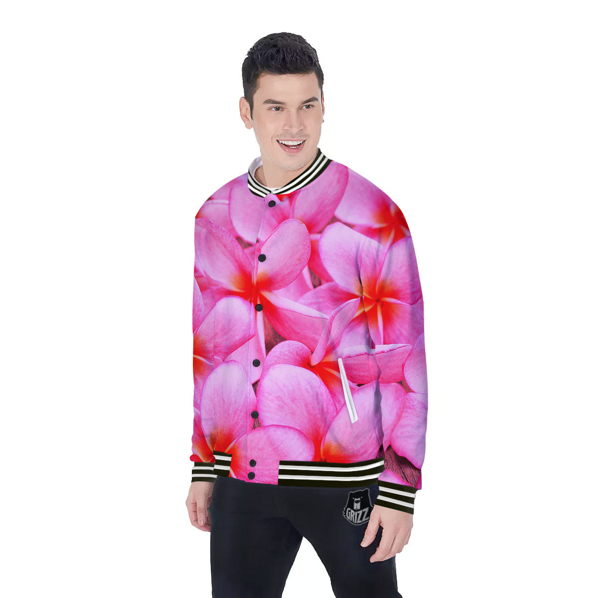 Frangipani Flower Pink Print Baseball Jacket-grizzshop