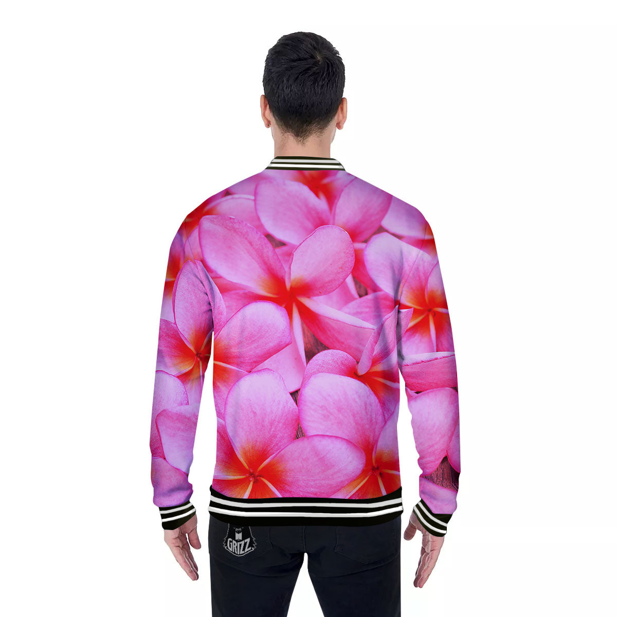 Frangipani Flower Pink Print Baseball Jacket-grizzshop