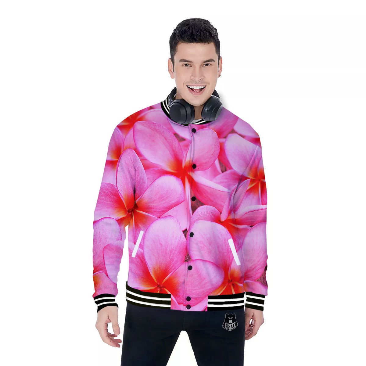 Frangipani Flower Pink Print Baseball Jacket-grizzshop