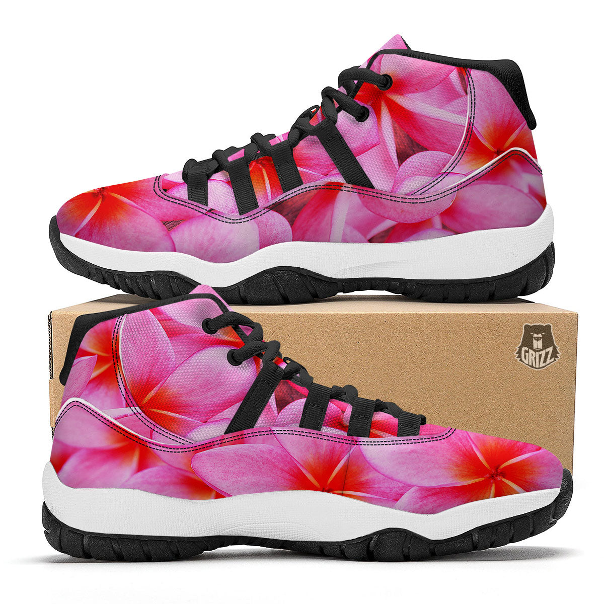Frangipani Flower Pink Print Black Bball Shoes-grizzshop