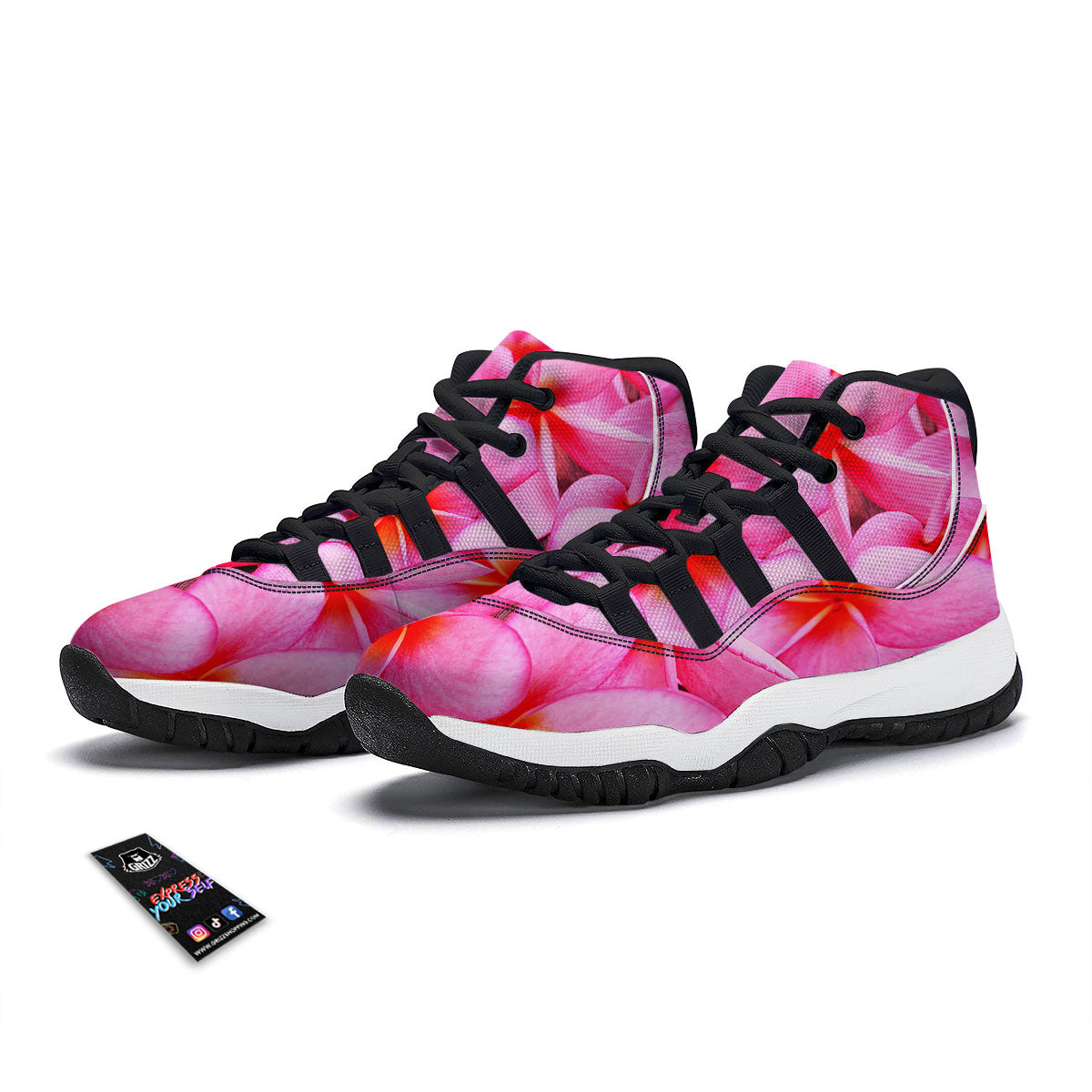 Frangipani Flower Pink Print Black Bball Shoes-grizzshop