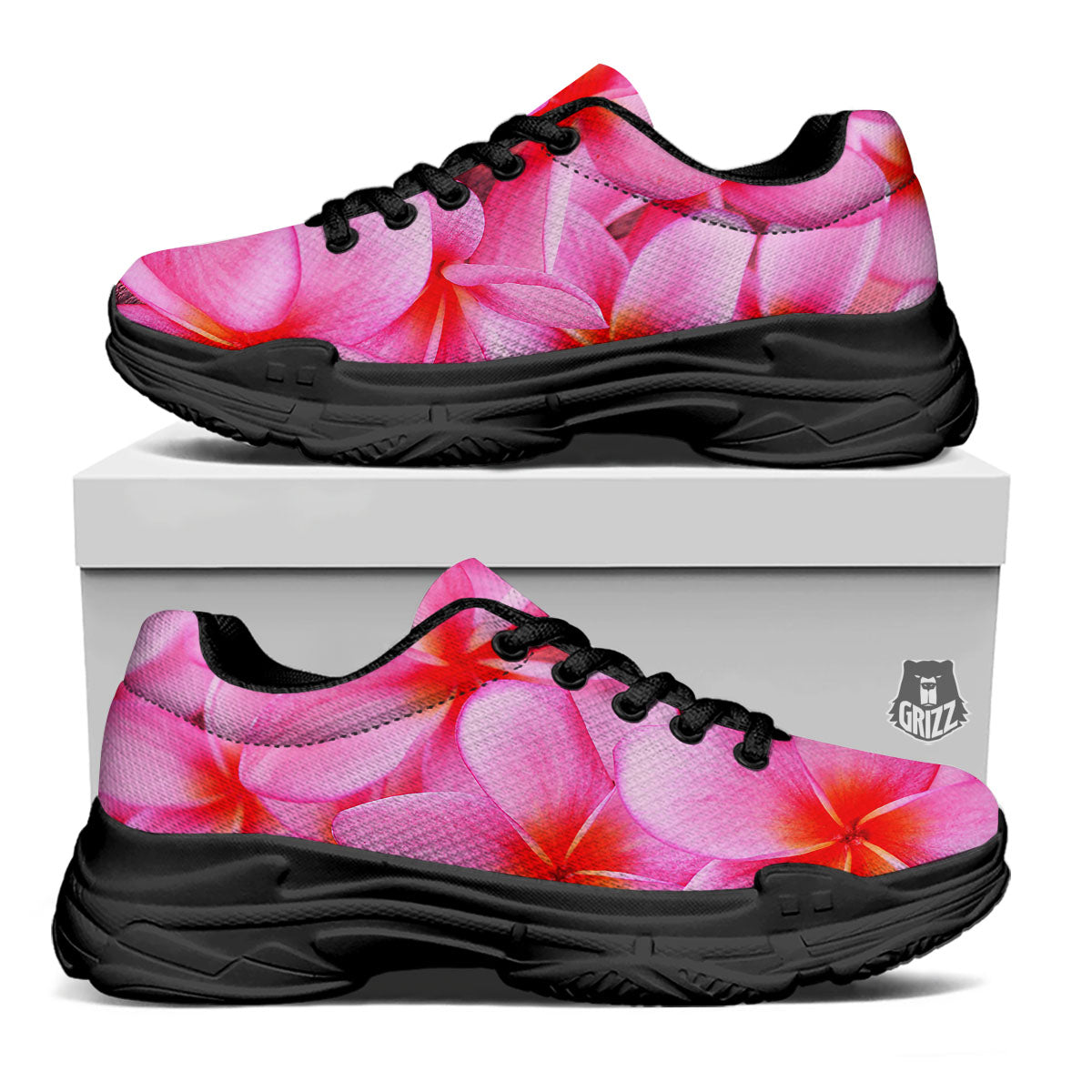 Frangipani Flower Pink Print Black Chunky Shoes-grizzshop