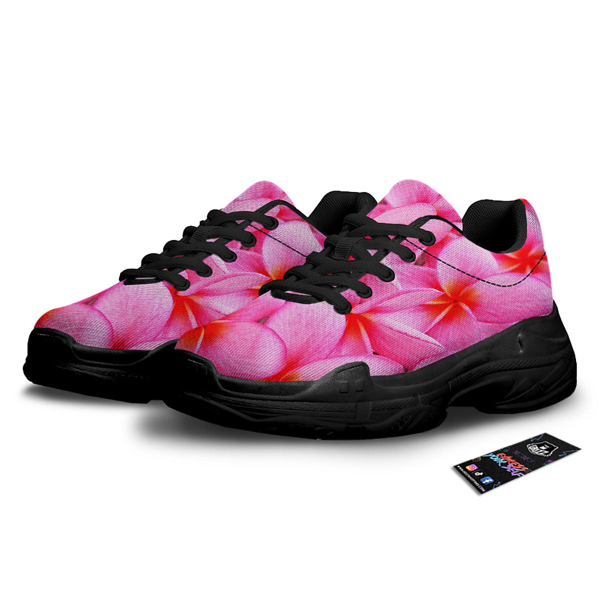 Frangipani Flower Pink Print Black Chunky Shoes-grizzshop