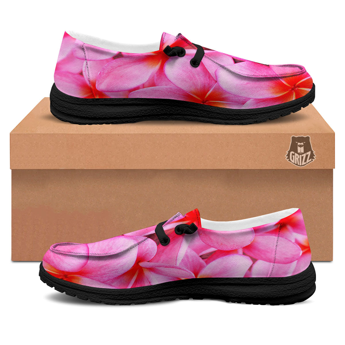 Frangipani Flower Pink Print Black Loafers-grizzshop