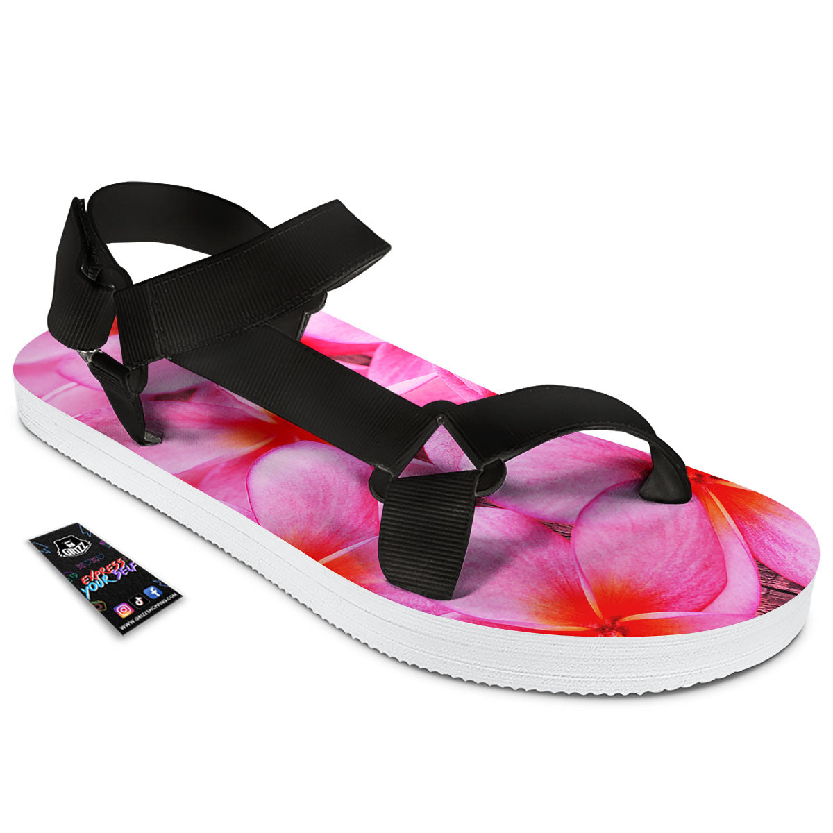 Frangipani Flower Pink Print Black Open Toe Sandals-grizzshop