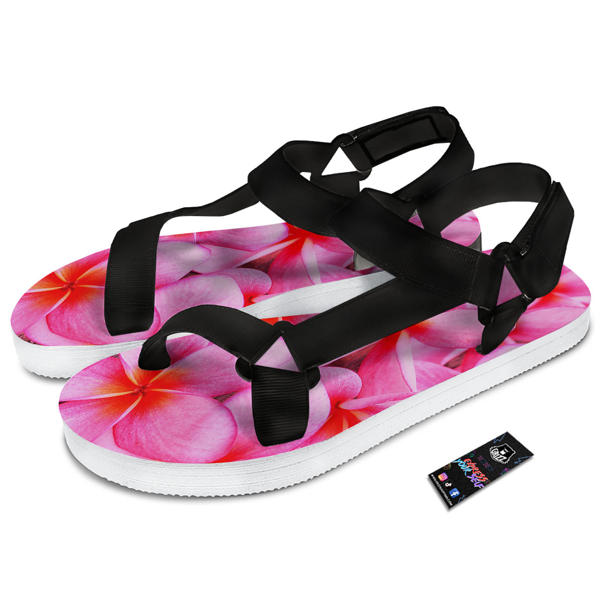 Frangipani Flower Pink Print Black Open Toe Sandals-grizzshop