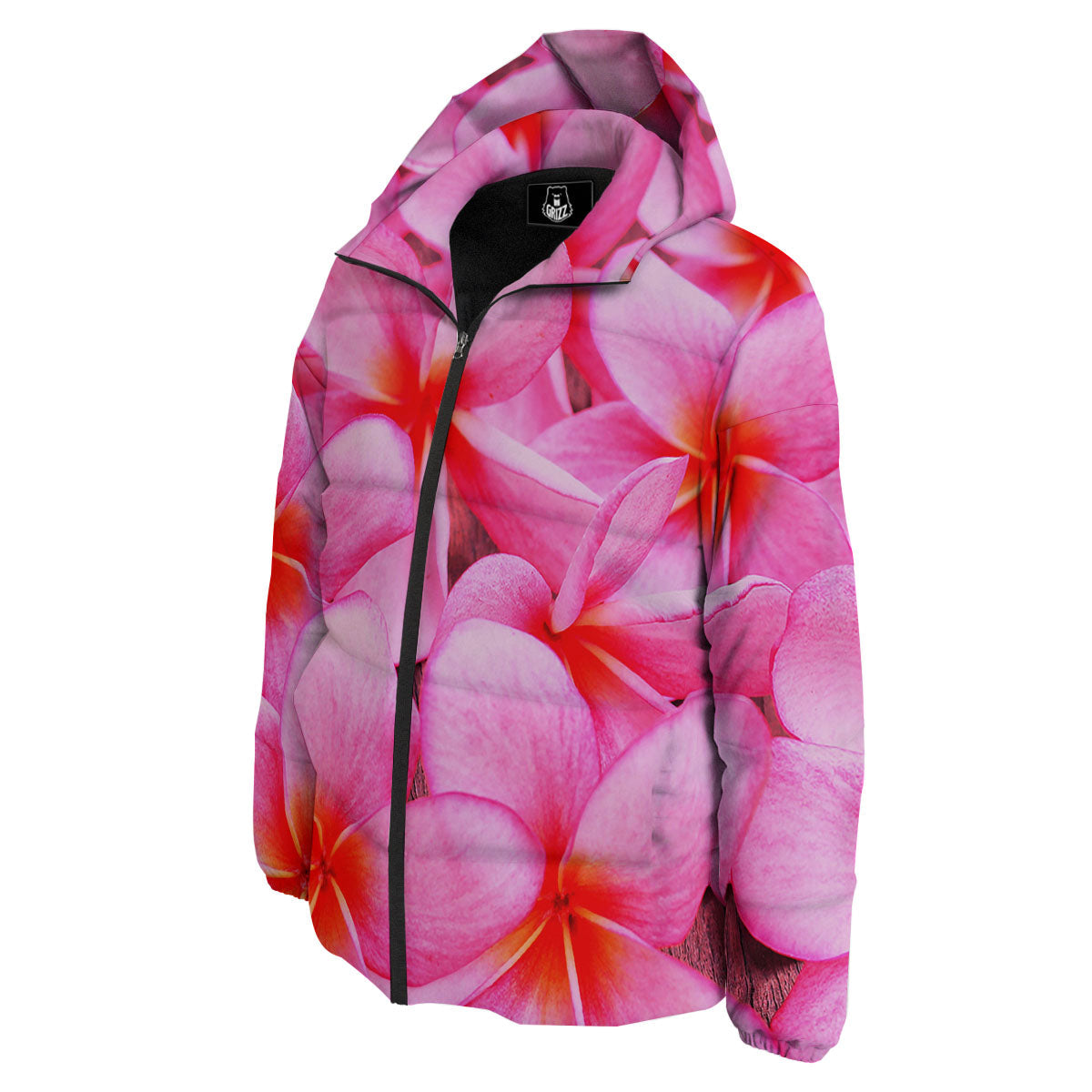 Frangipani Flower Pink Print Down Jacket-grizzshop