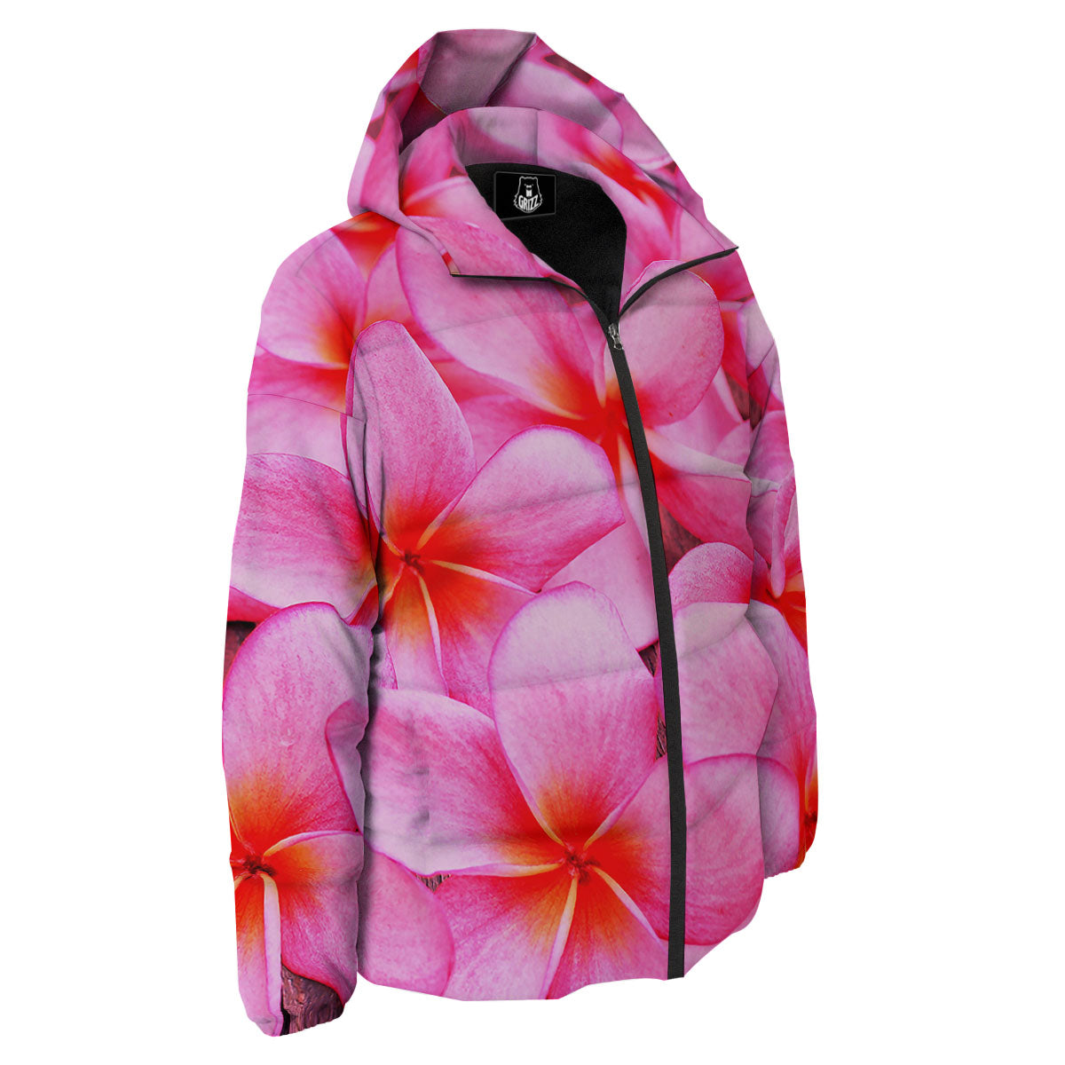 Frangipani Flower Pink Print Down Jacket-grizzshop