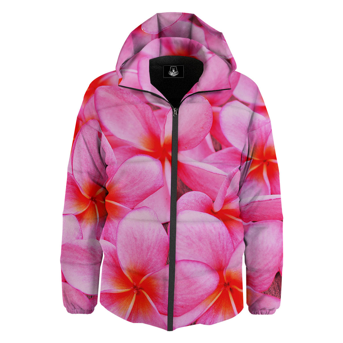 Frangipani Flower Pink Print Down Jacket-grizzshop