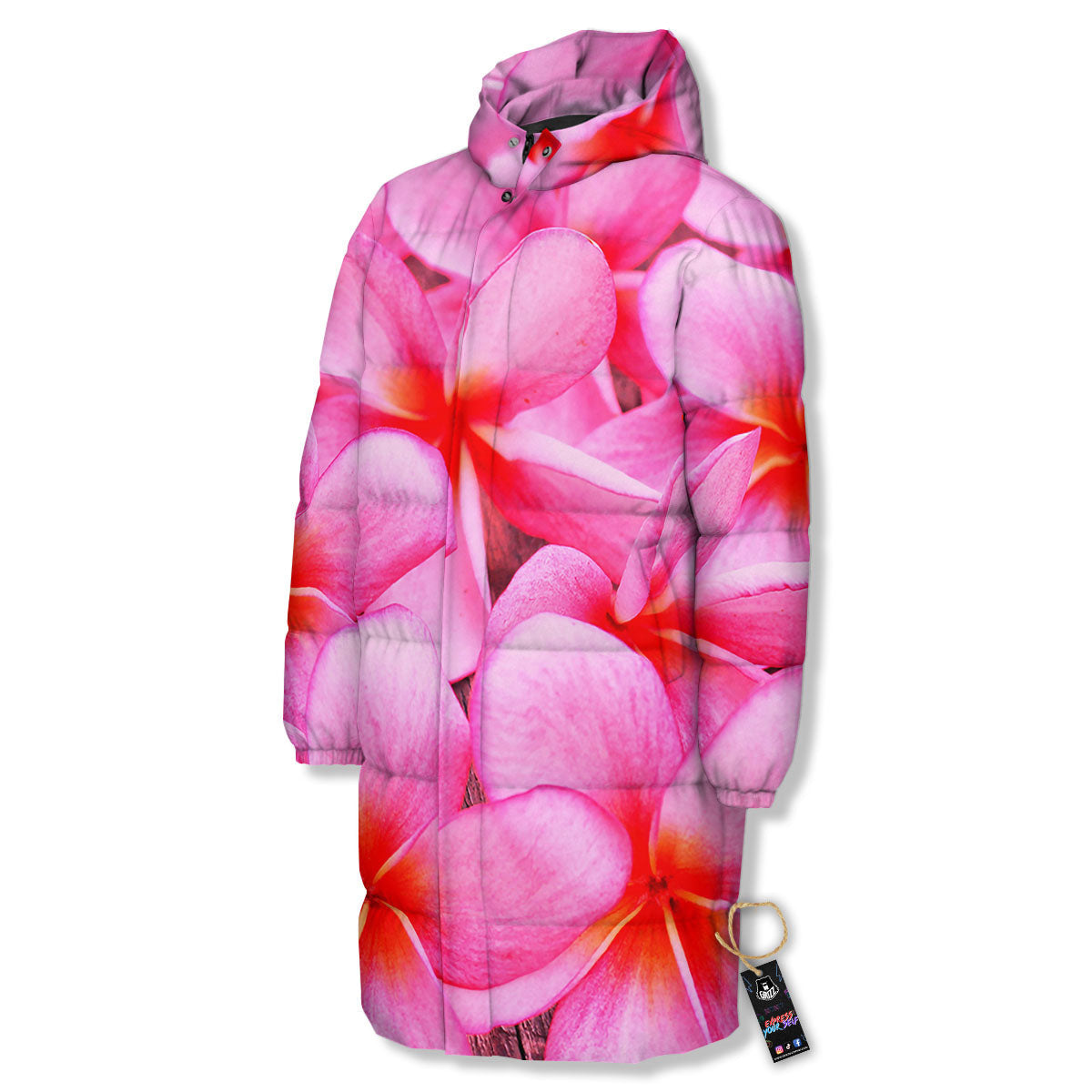 Frangipani Flower Pink Print Long Down Jacket-grizzshop