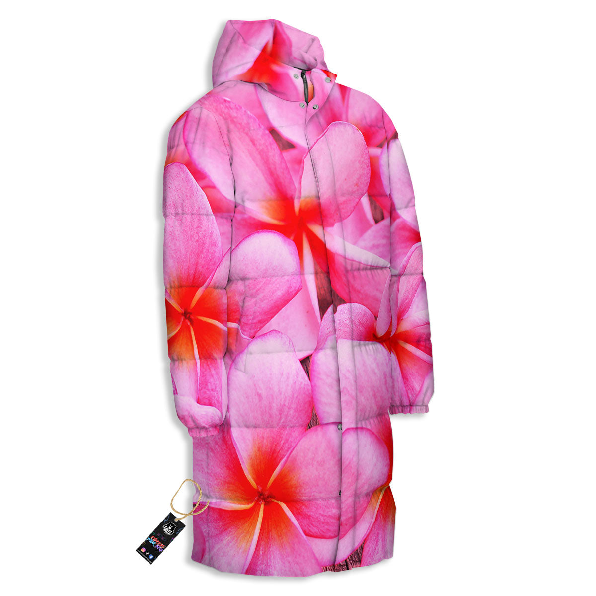 Frangipani Flower Pink Print Long Down Jacket-grizzshop