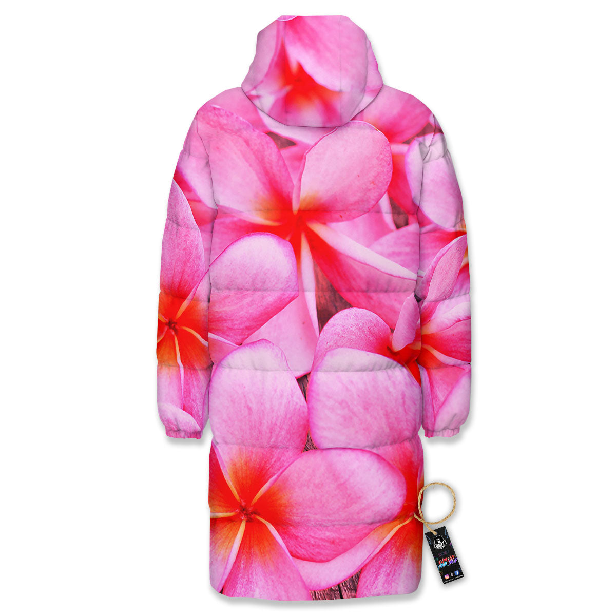 Frangipani Flower Pink Print Long Down Jacket-grizzshop