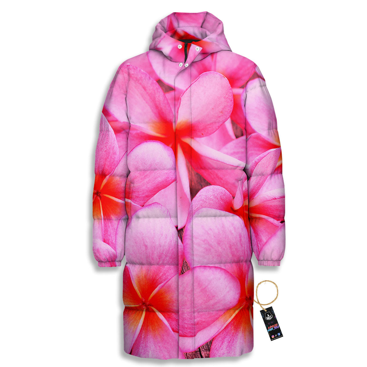 Frangipani Flower Pink Print Long Down Jacket-grizzshop