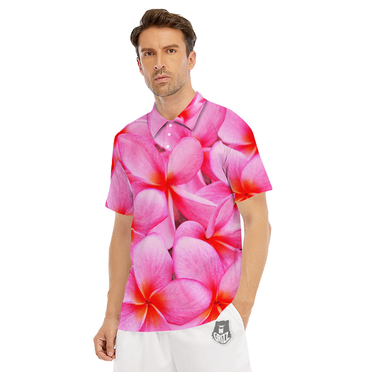 Frangipani Flower Pink Print Men's Golf Shirts-grizzshop