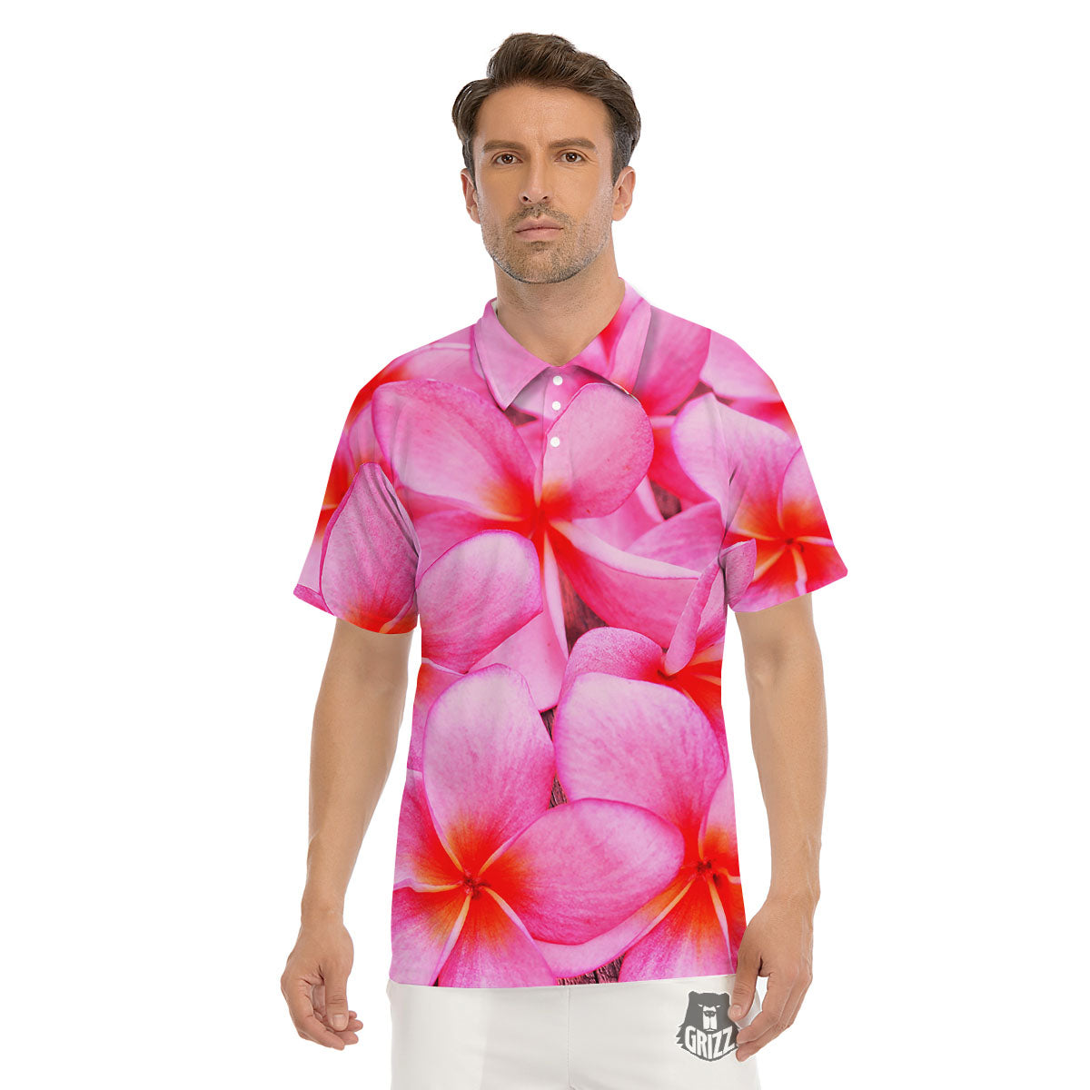 Frangipani Flower Pink Print Men's Golf Shirts-grizzshop