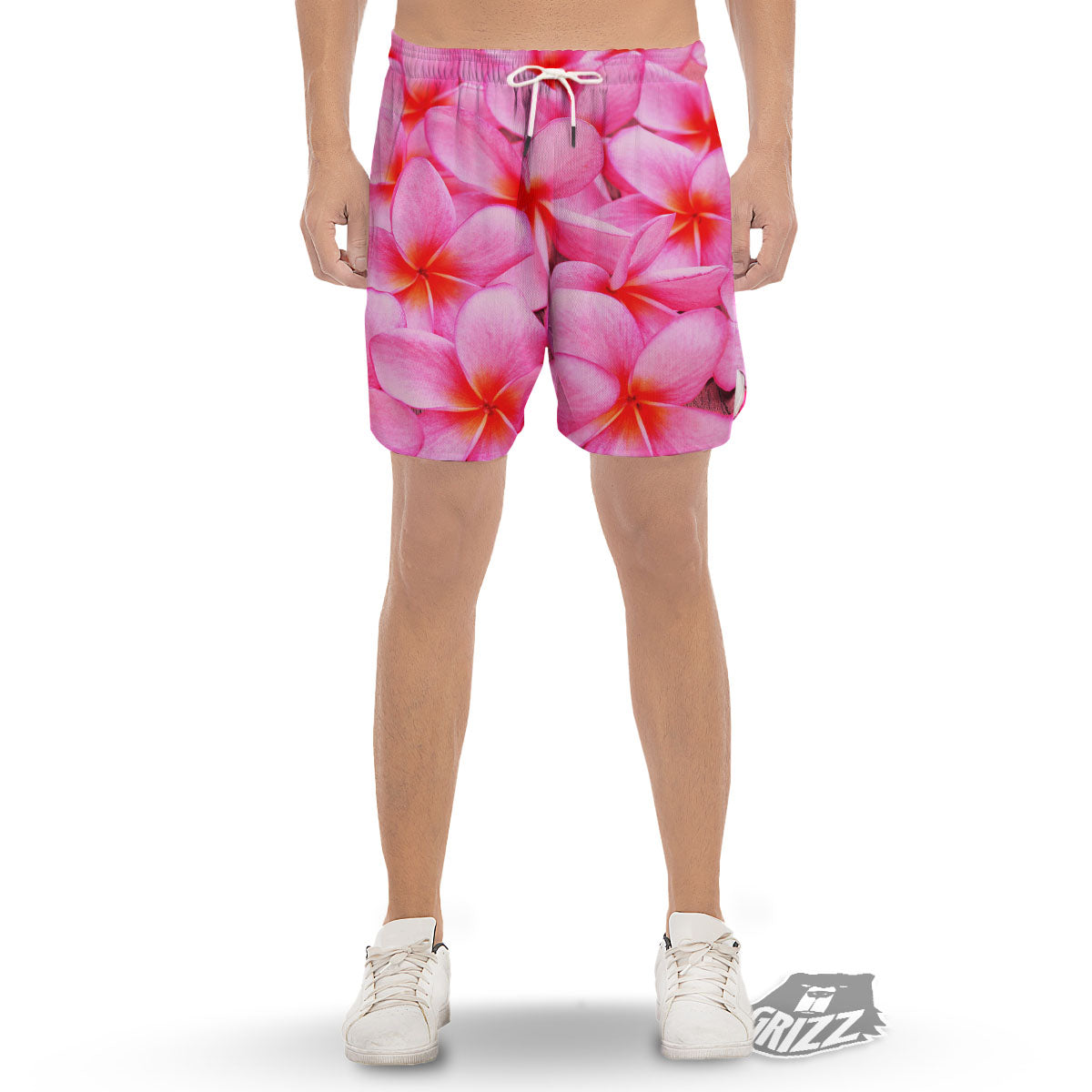 Frangipani Flower Pink Print Men's Gym Shorts-grizzshop
