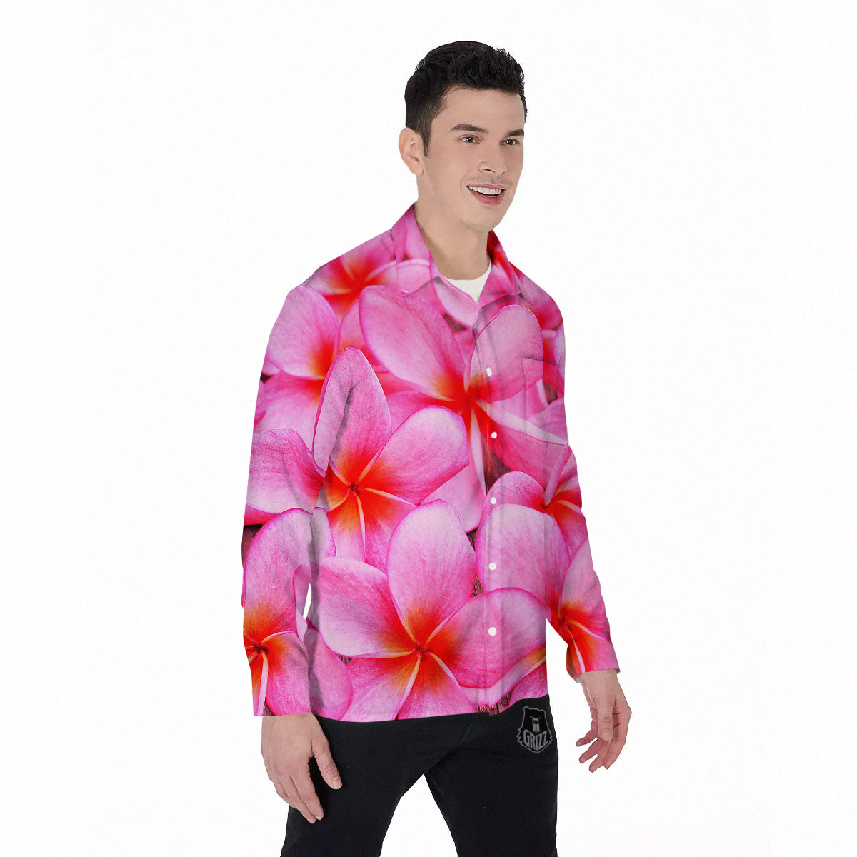 Frangipani Flower Pink Print Men's Long Sleeve Shirts-grizzshop