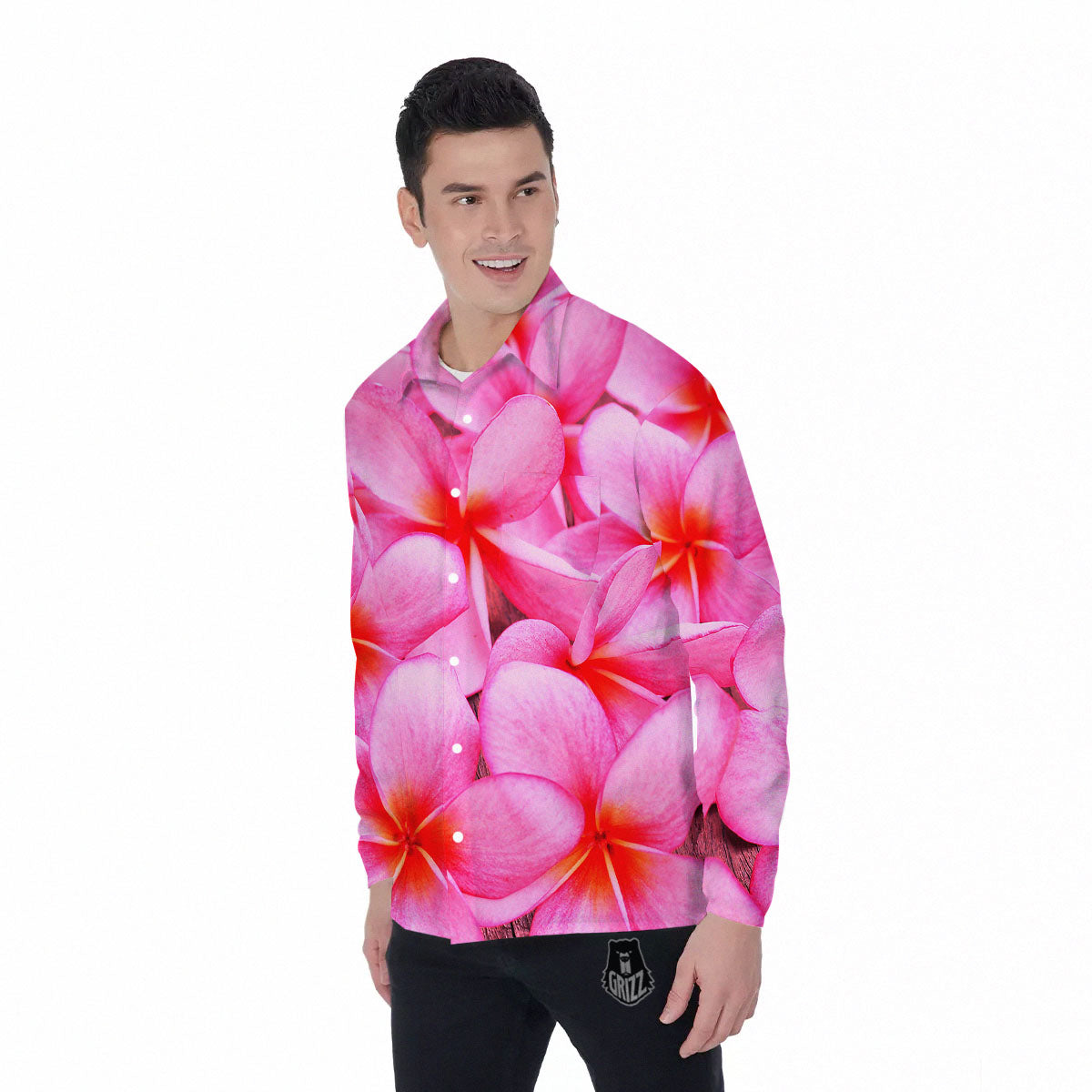 Frangipani Flower Pink Print Men's Long Sleeve Shirts-grizzshop