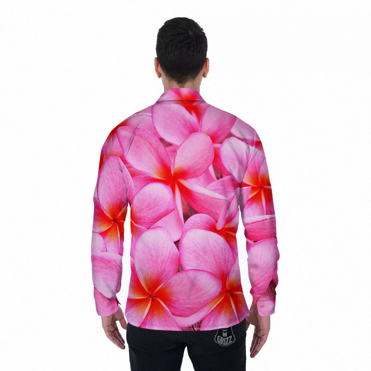 Frangipani Flower Pink Print Men's Long Sleeve Shirts-grizzshop