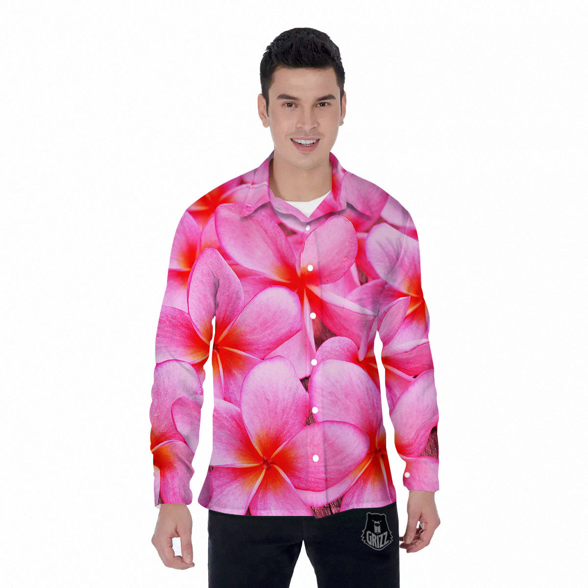 Frangipani Flower Pink Print Men's Long Sleeve Shirts-grizzshop