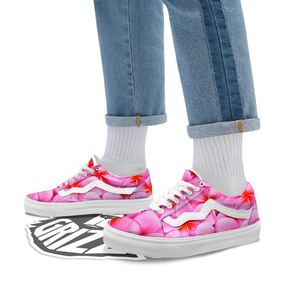 Frangipani Flower Pink Print Skate Shoes-grizzshop