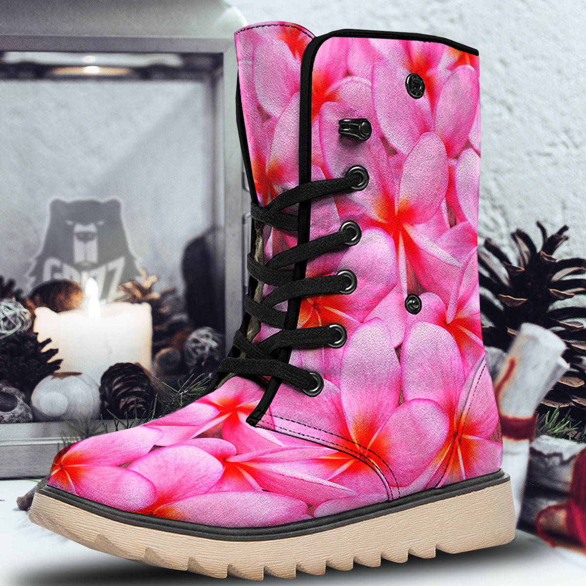 Frangipani Flower Pink Print Snow Boots-grizzshop