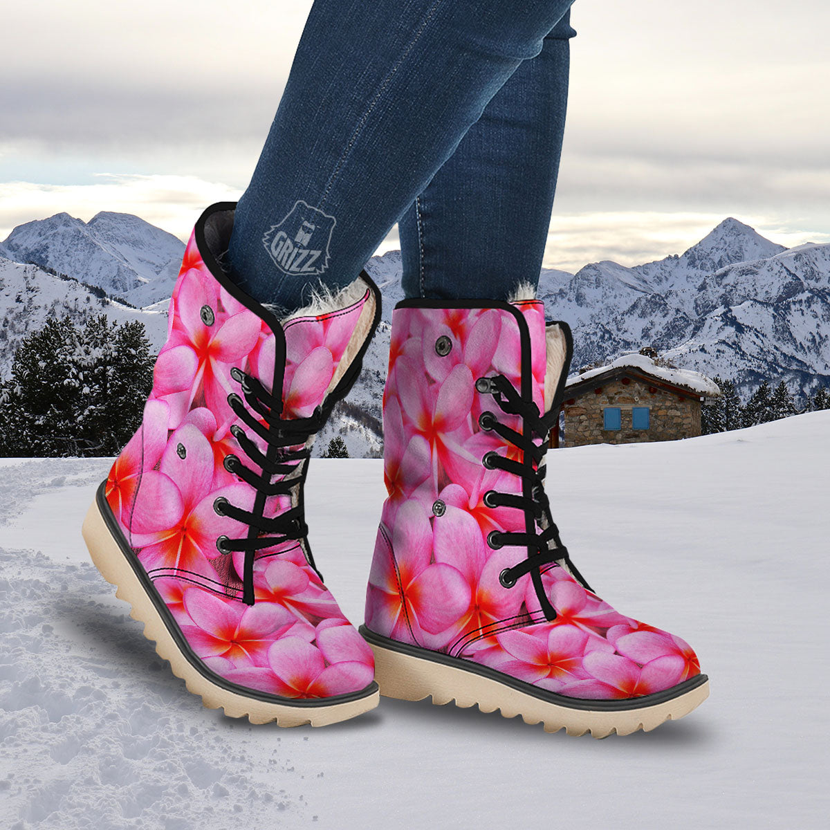 Frangipani Flower Pink Print Snow Boots-grizzshop
