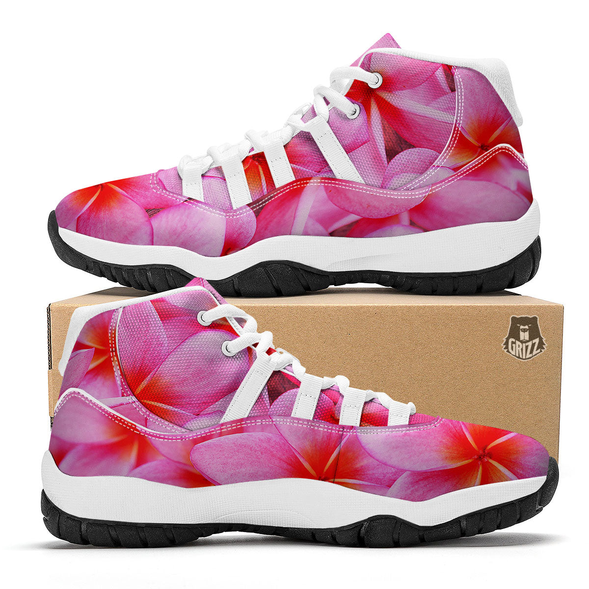 Frangipani Flower Pink Print White Bball Shoes-grizzshop