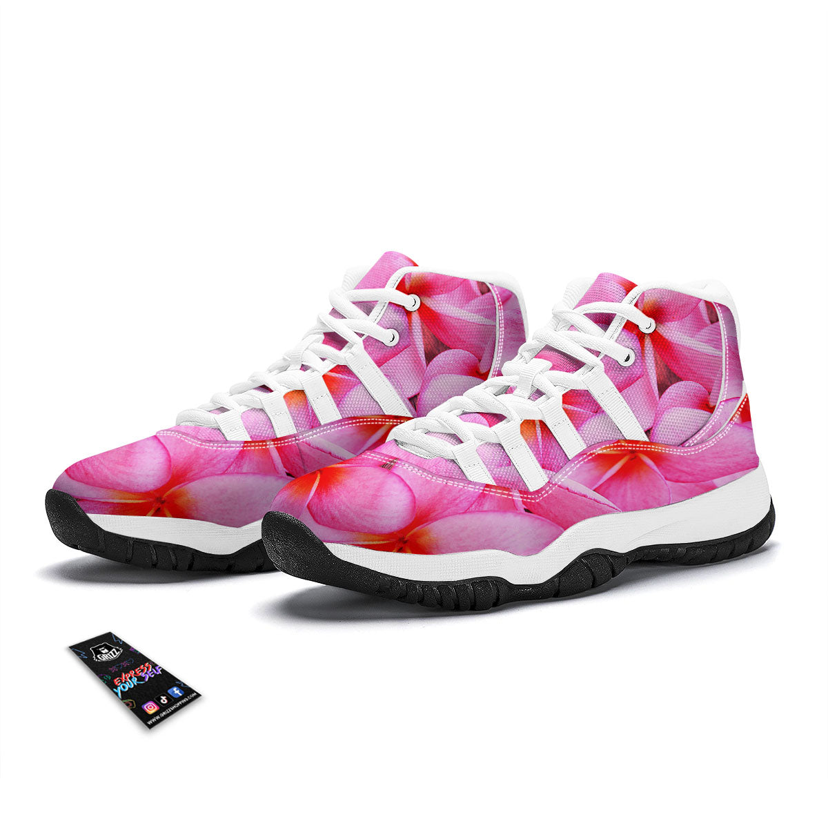 Frangipani Flower Pink Print White Bball Shoes-grizzshop