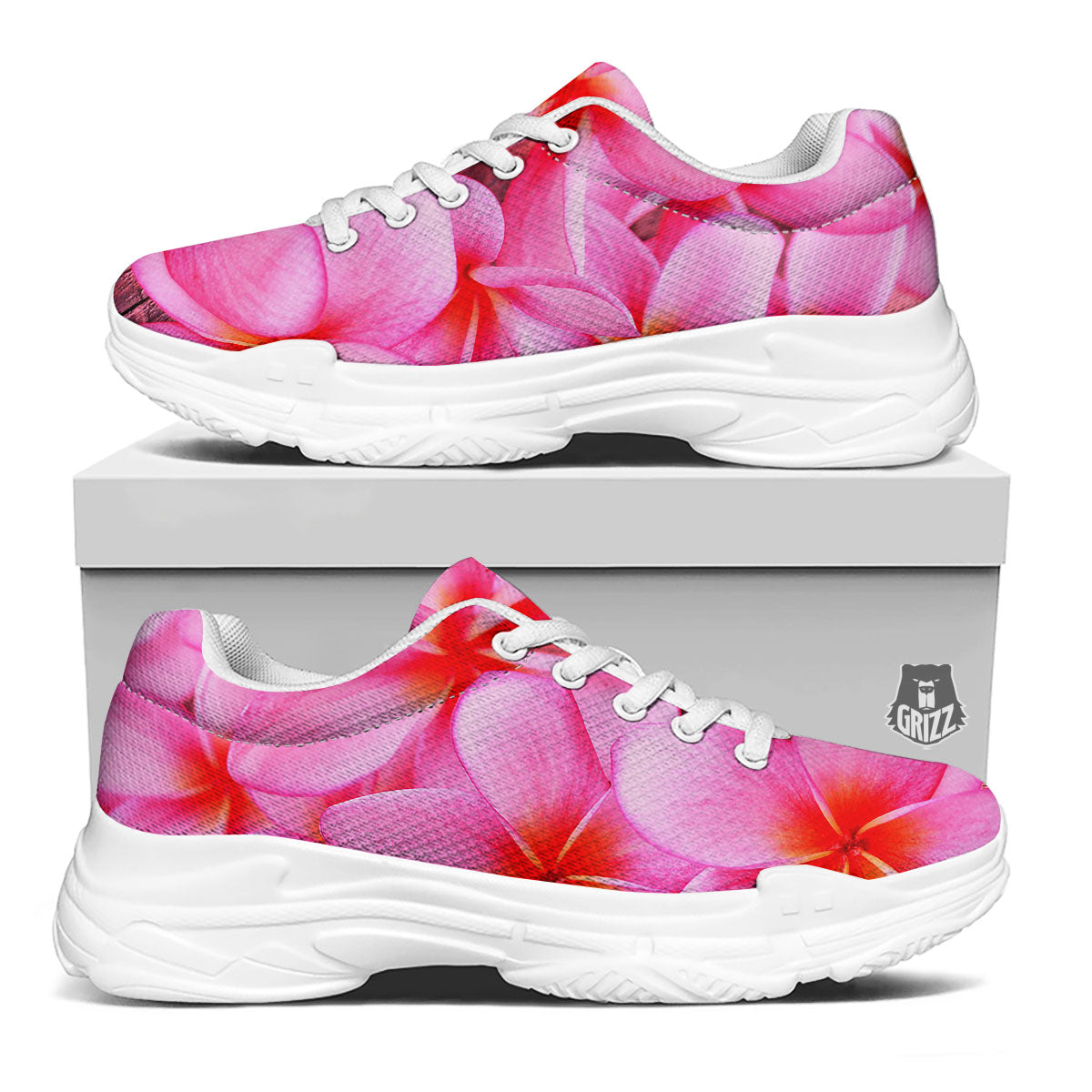 Frangipani Flower Pink Print White Chunky Shoes-grizzshop