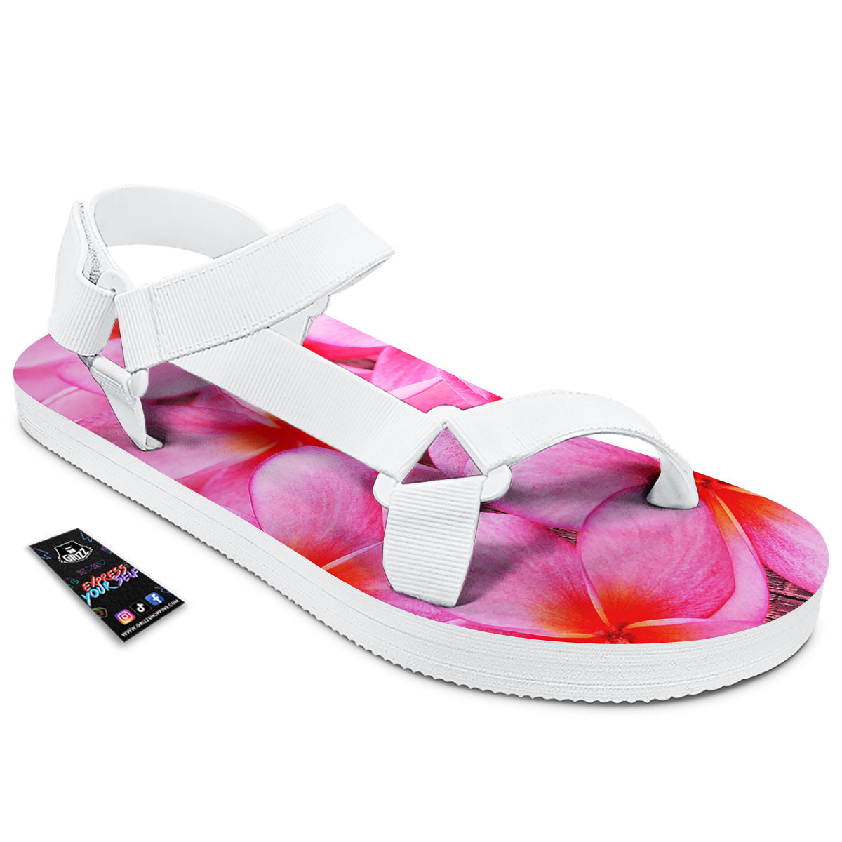 Frangipani Flower Pink Print White Open Toe Sandals-grizzshop