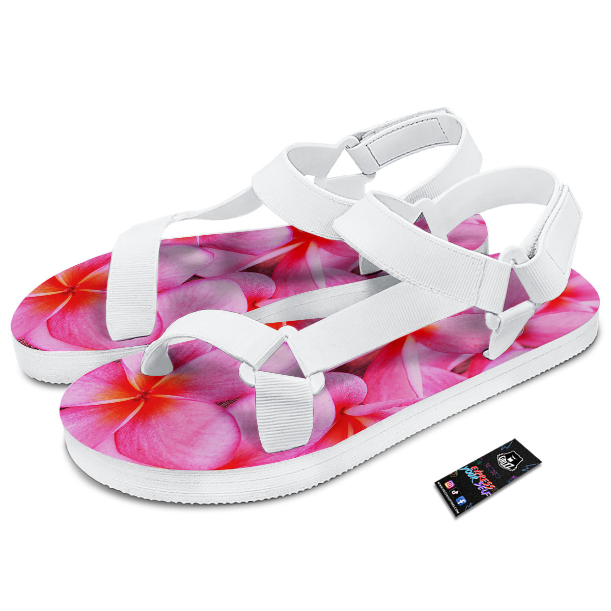 Frangipani Flower Pink Print White Open Toe Sandals-grizzshop