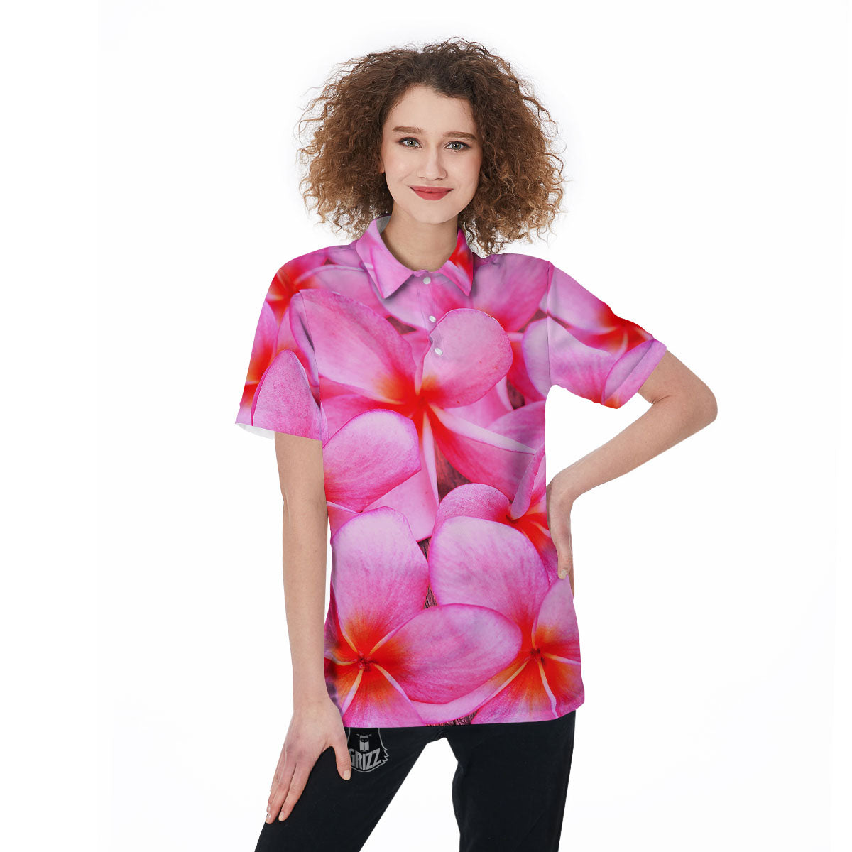 Frangipani Flower Pink Print Women's Golf Shirts-grizzshop