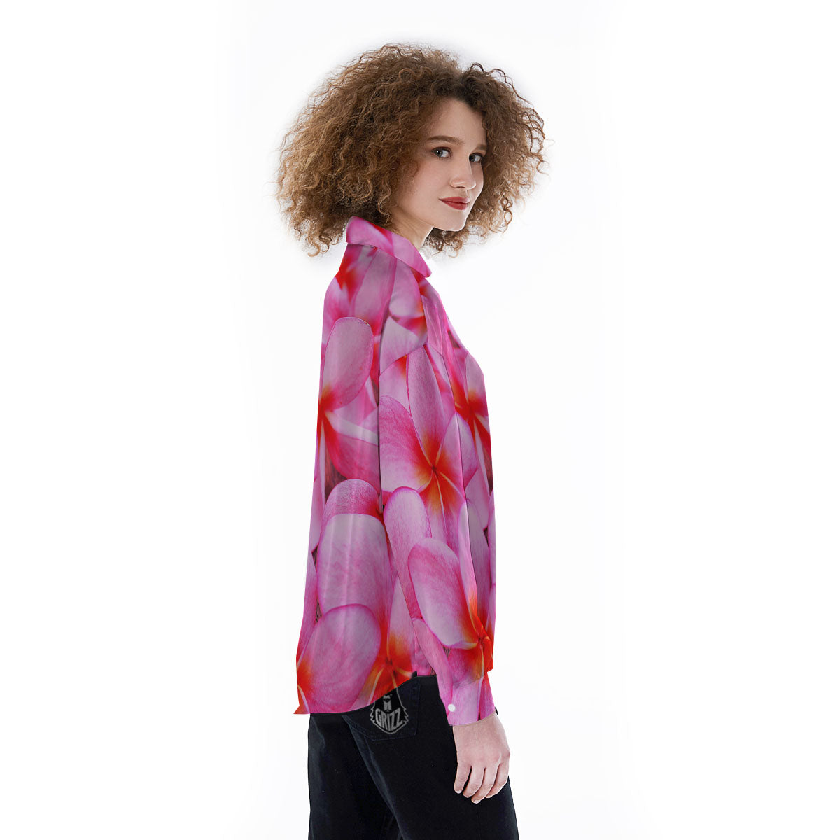 Frangipani Flower Pink Print Women's Long Sleeve Shirts-grizzshop