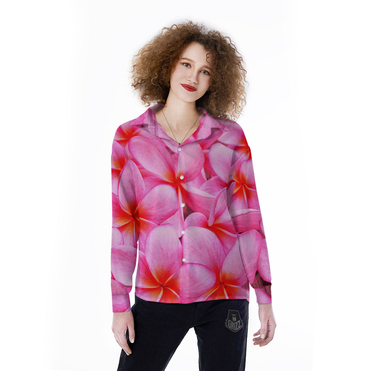 Frangipani Flower Pink Print Women's Long Sleeve Shirts-grizzshop