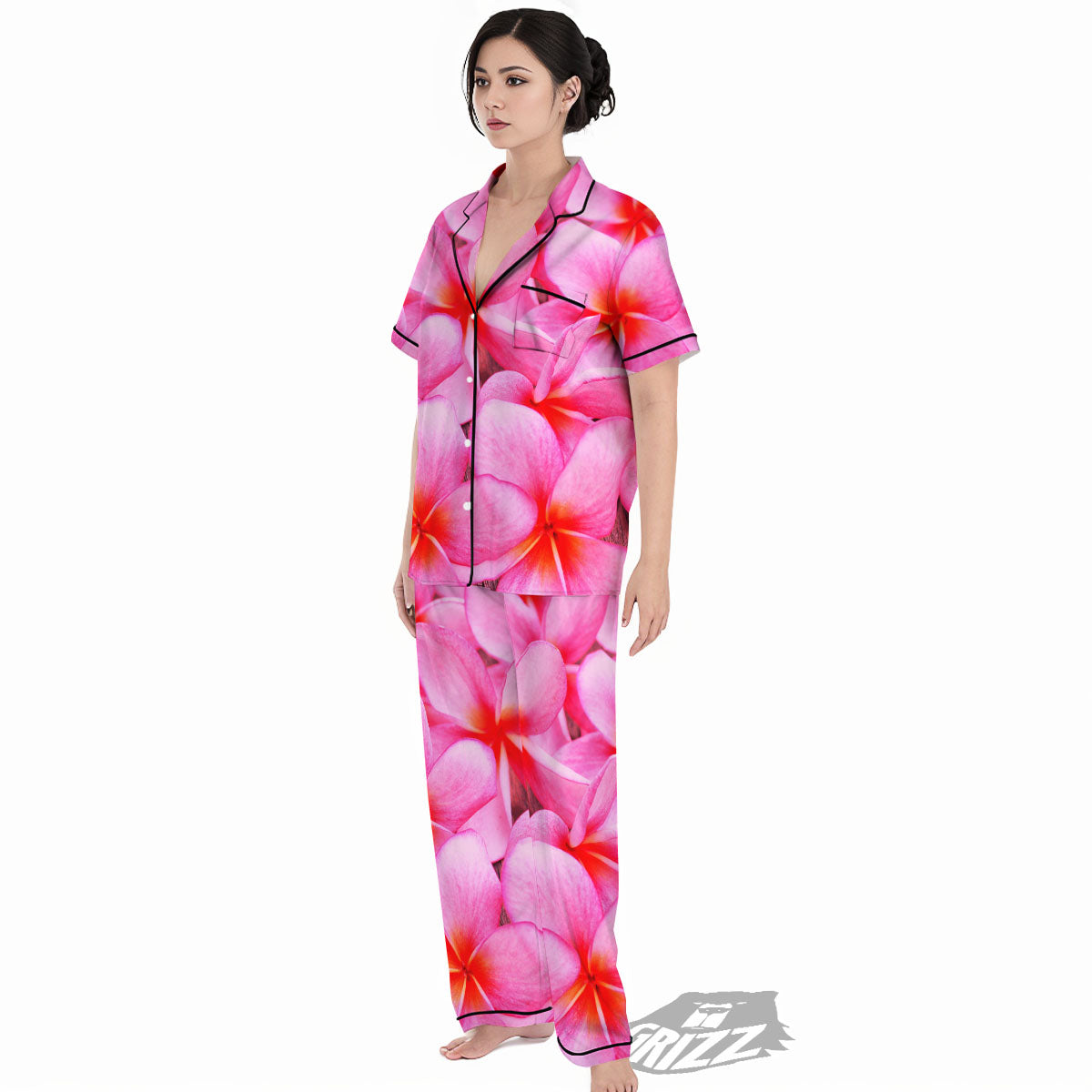 Frangipani Flower Pink Print Women's Pajamas Set-grizzshop